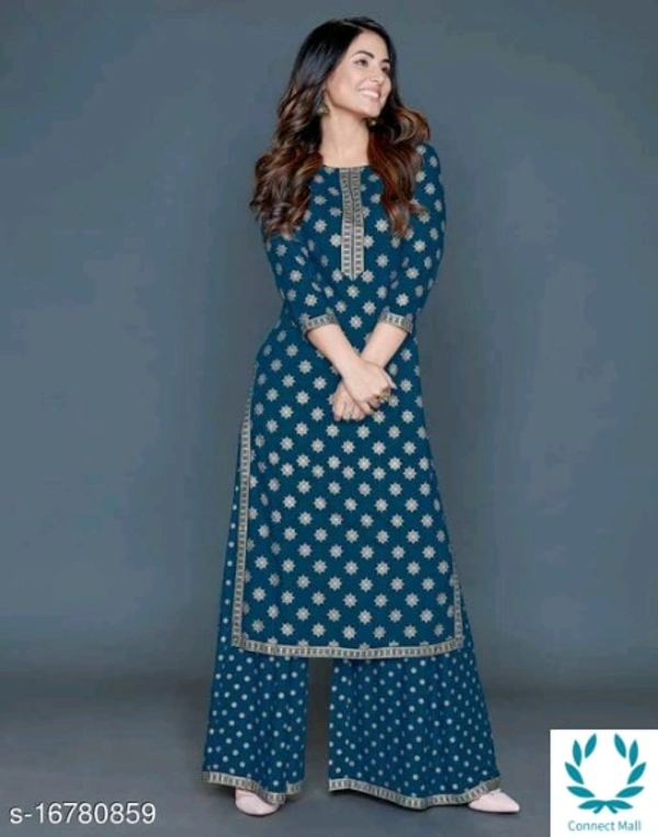 Women Rayon A-line Printed Long Kurti With Palazzos - S, Rayon, Kurti With Palazoos, Multipack:1